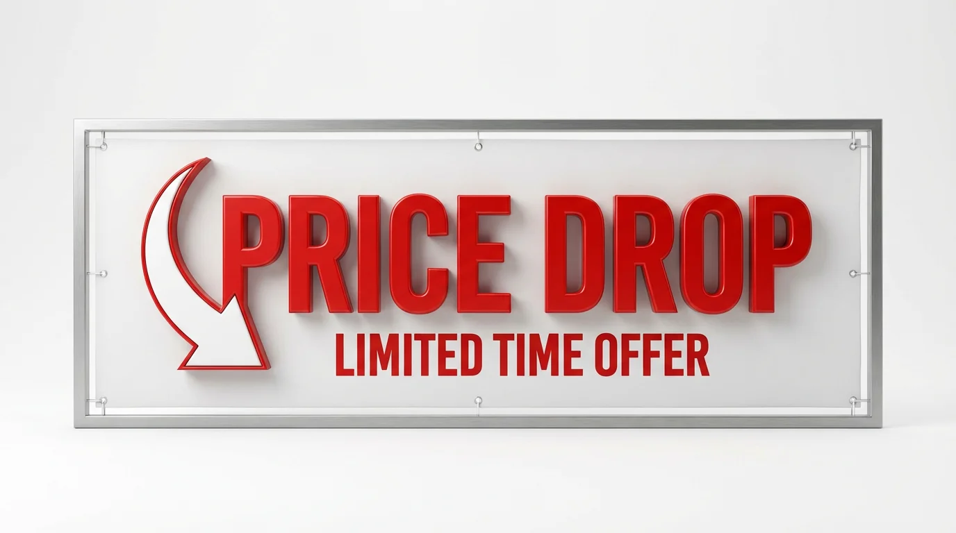 A vibrant red and white banner mockup with the text 'PRICE DROP' and a downward-pointing arrow, signifying a sale or discount.