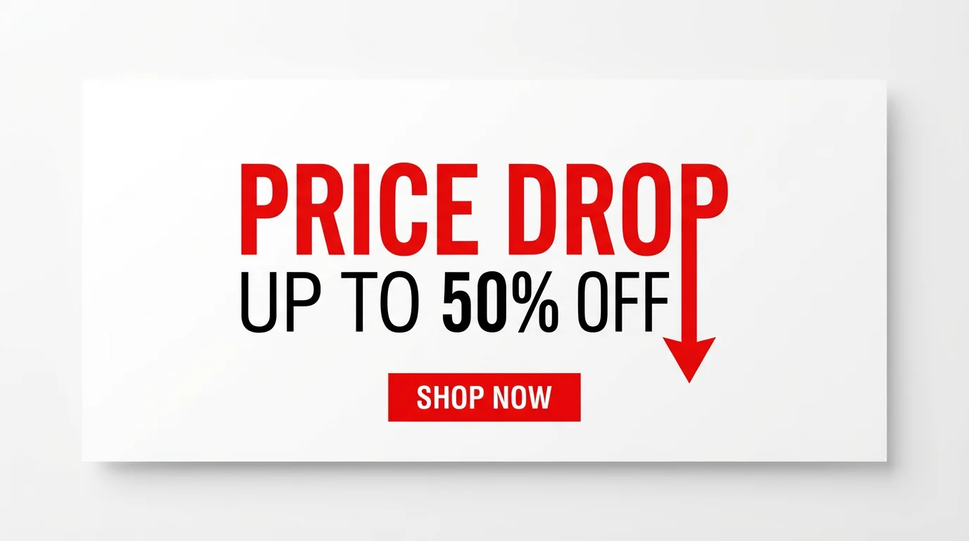 A modern price drop banner mockup with a red, black, and white color scheme. It features the text 'PRICE DROP' and 'UP TO 50% OFF' with a large downward-pointing arrow and a 'SHOP NOW' button, all on a clean white background.