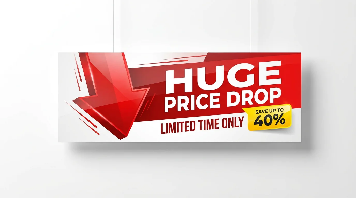 A professionally designed price drop banner mockup on a white background, featuring a large red arrow pointing down and bold text that reads 'HUGE PRICE DROP' and 'SAVE UP TO 40%'.