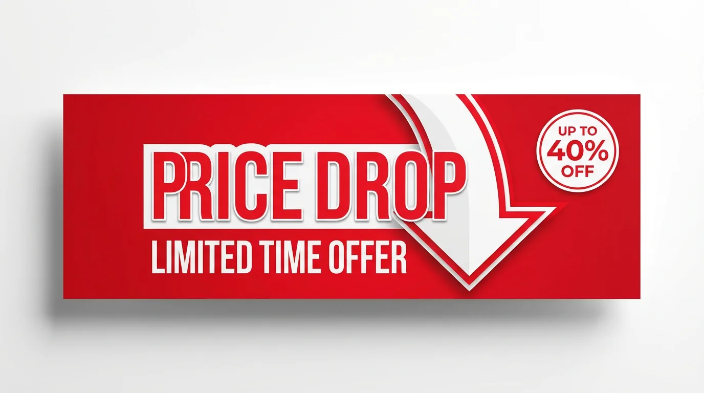 A red and white horizontal banner mockup announcing a 'Price Drop' with a large down arrow and text that reads 'Limited Time Offer' and 'Up to 40% Off'.