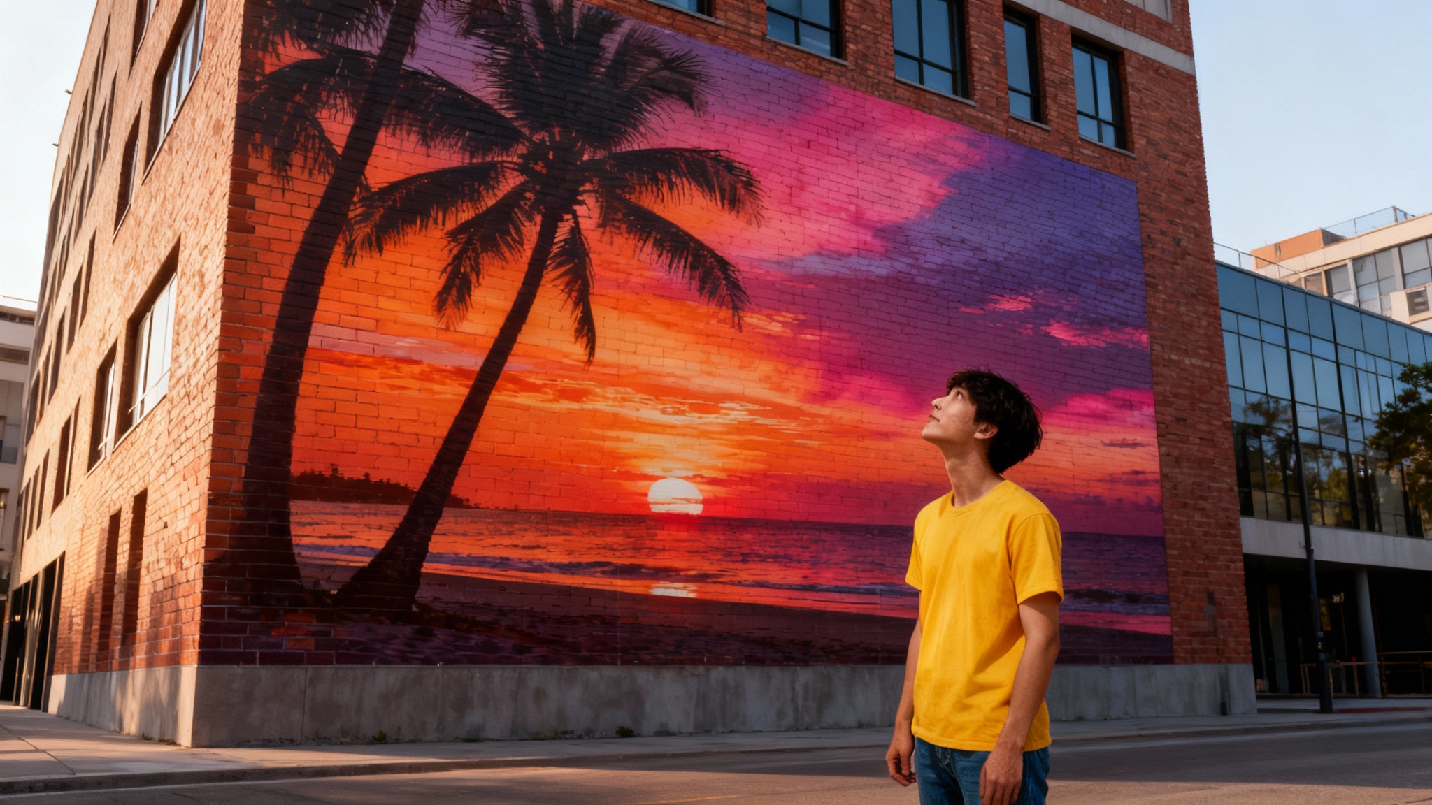 A person in a yellow shirt gazes up in admiration at a massive, photorealistic mural of a vibrant beach sunset painted on the side of a brick building.