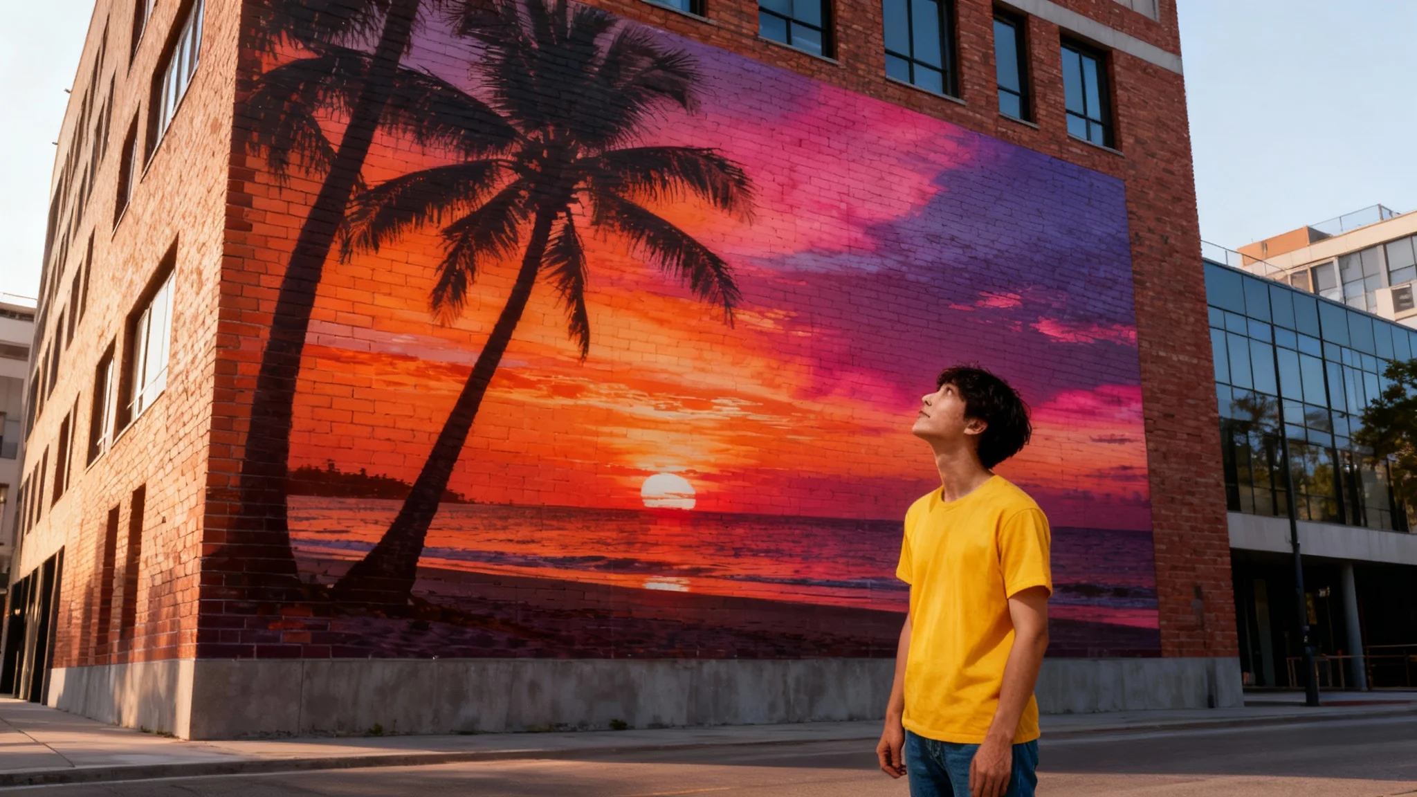 A person in a yellow shirt gazes up in admiration at a massive, photorealistic mural of a vibrant beach sunset painted on the side of a brick building.