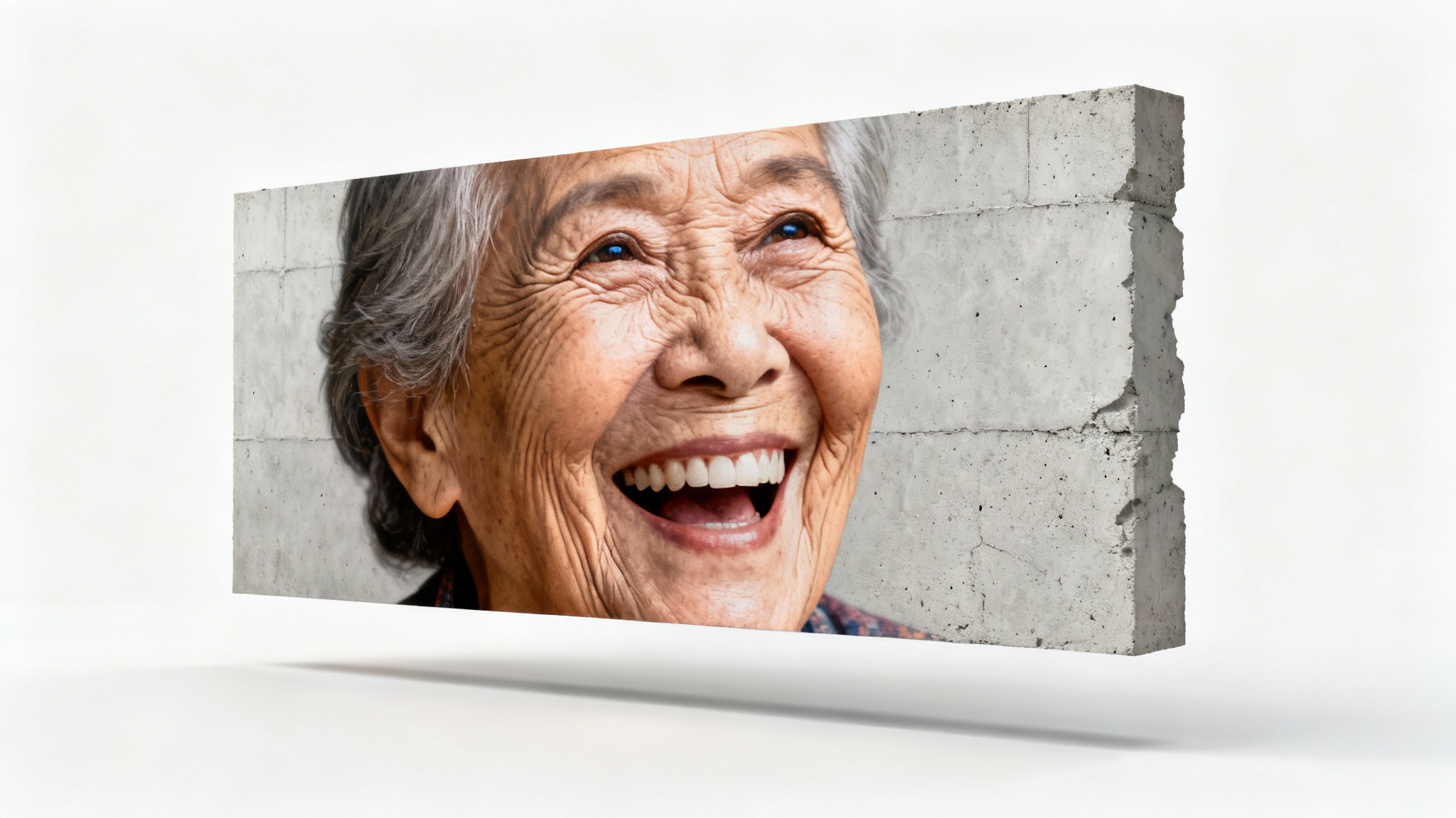 A realistic mockup of a mural painted on a concrete wall, showing a joyful, detailed portrait of an elderly woman. The entire piece is isolated against a pure white background.