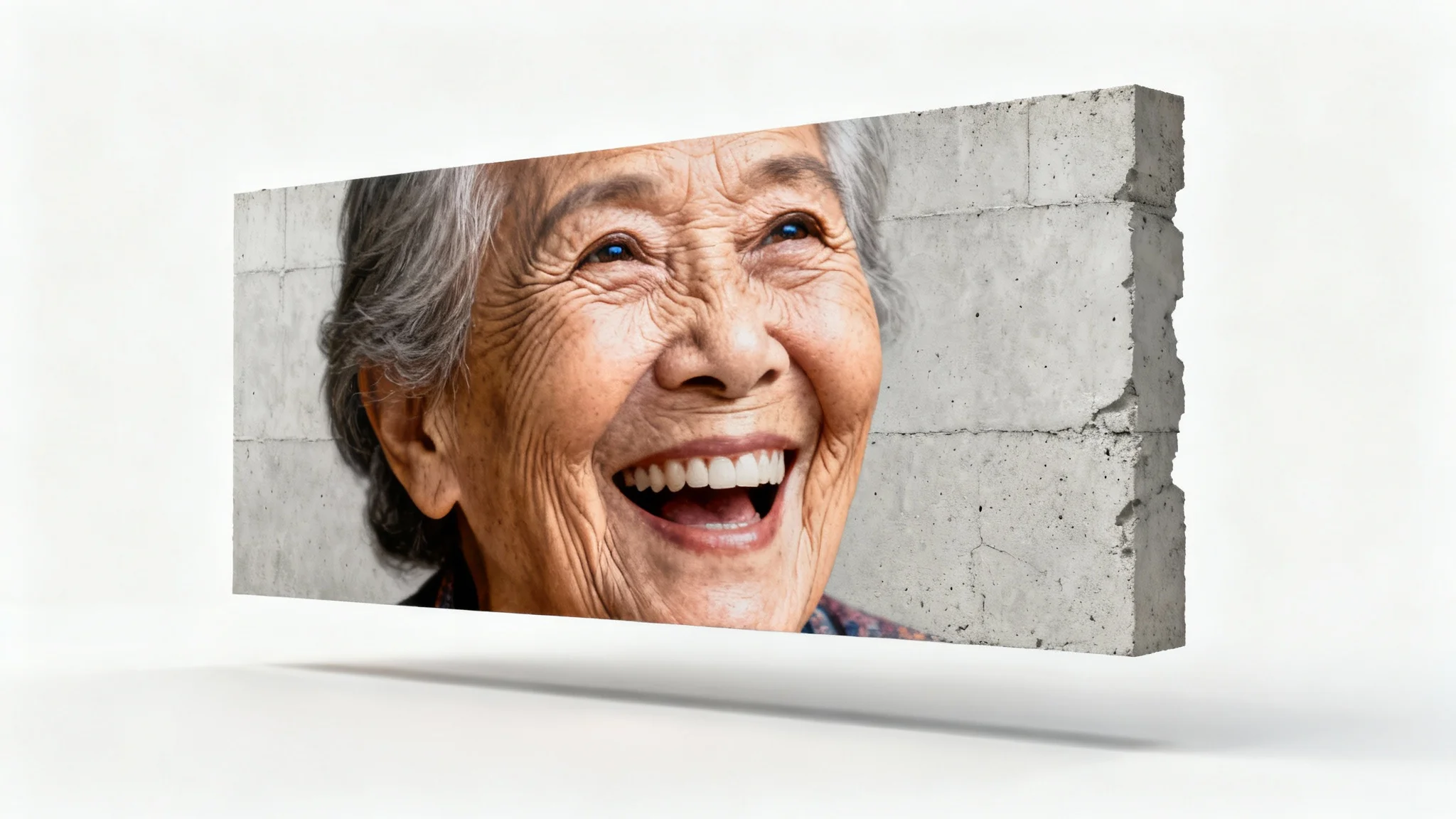 A realistic mockup of a mural painted on a concrete wall, showing a joyful, detailed portrait of an elderly woman. The entire piece is isolated against a pure white background.