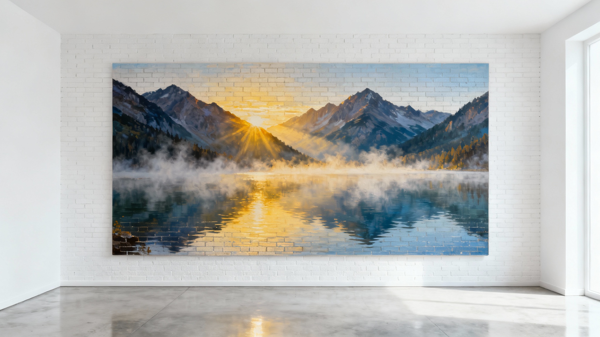 A photorealistic mural of a mountain lake at sunrise painted on a large white brick wall inside a modern, minimalist room.