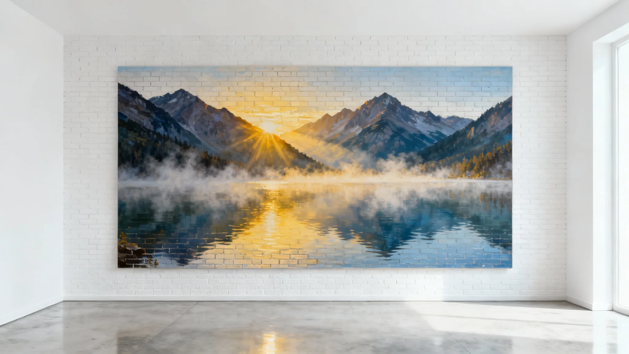 A photorealistic mural of a mountain lake at sunrise painted on a large white brick wall inside a modern, minimalist room.