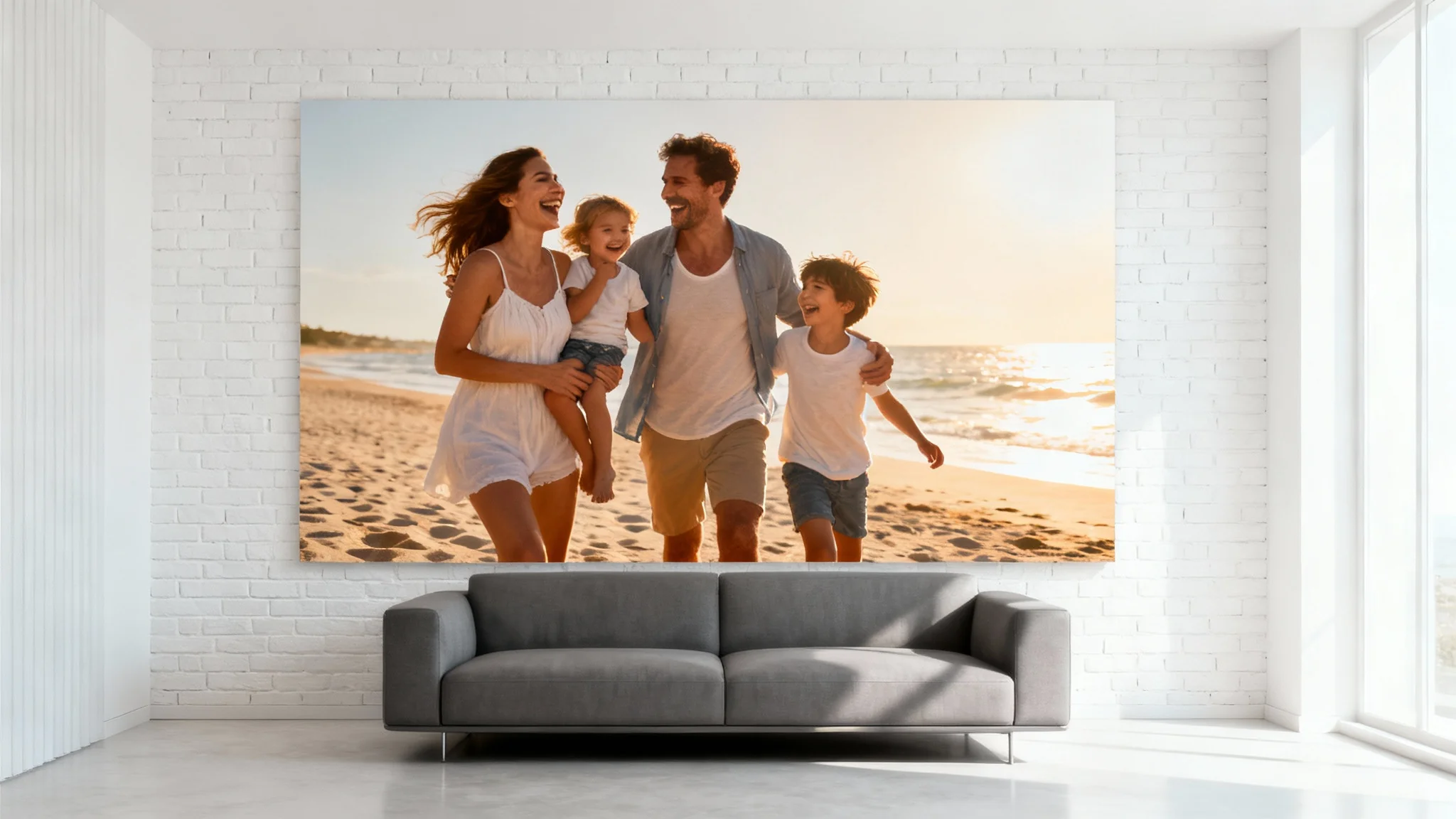 A modern living room with a large, photorealistic mural of a family on a beach covering a white brick wall.