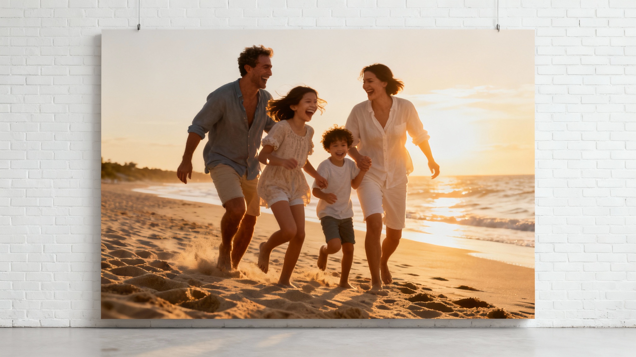 A photorealistic mural of a happy family on a beach at sunset, showcased on a large white brick wall against a clean white background.