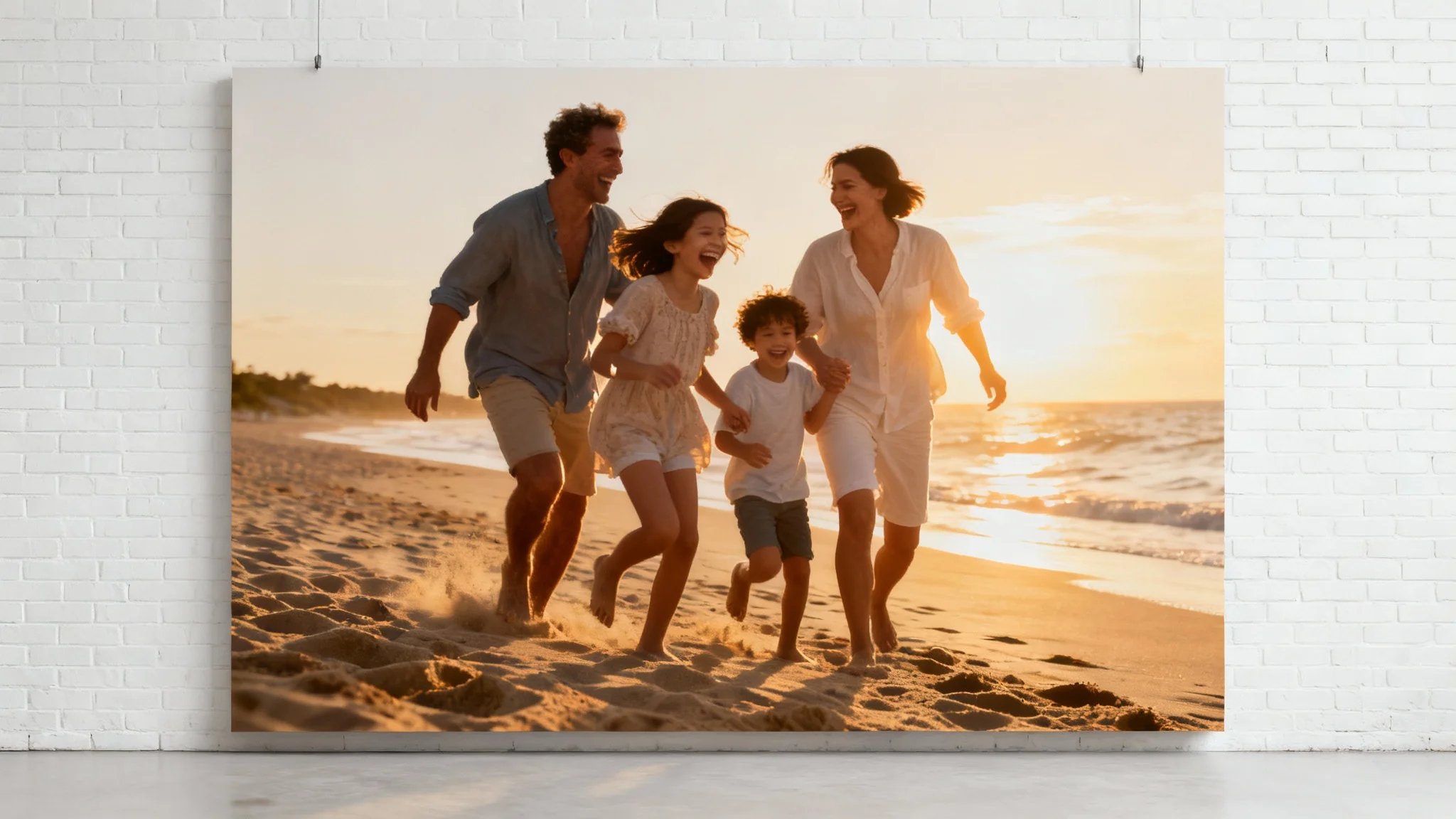 A photorealistic mural of a happy family on a beach at sunset, showcased on a large white brick wall against a clean white background.