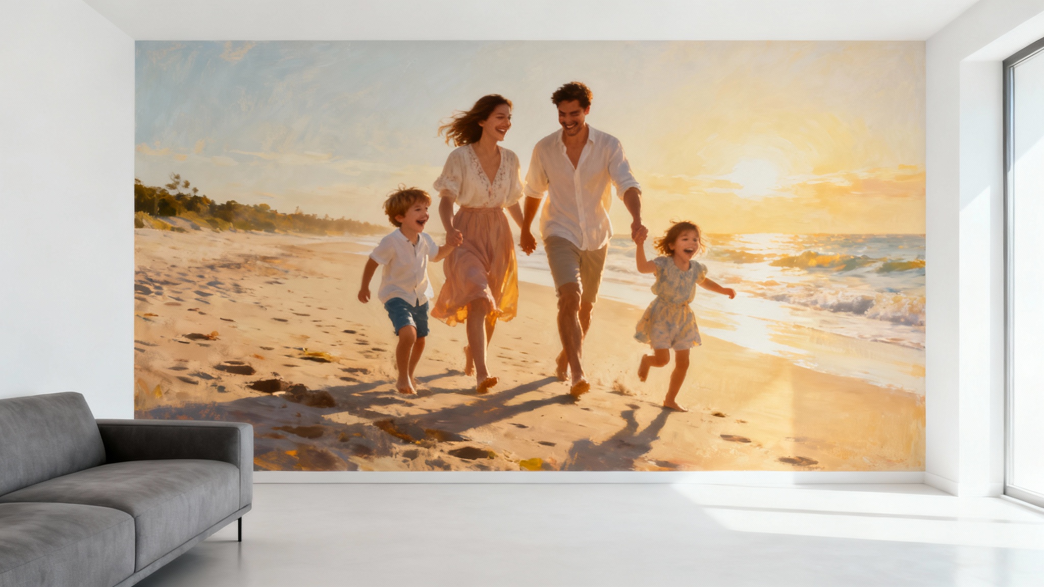 A modern, minimalist living room featuring a large, photorealistic mural of a happy family on a sunny beach, demonstrating a photo-to-mural service.