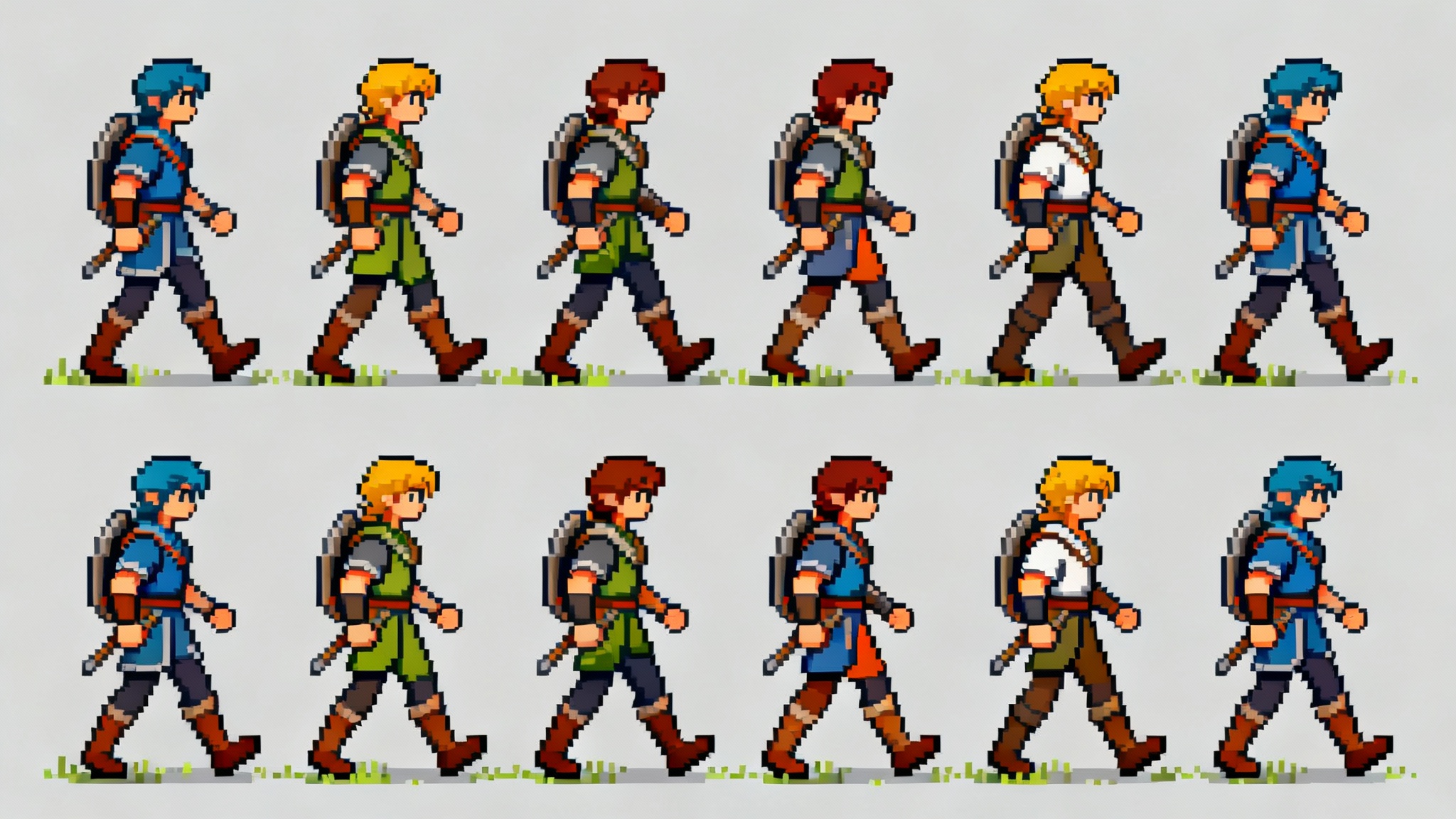 A 16:9 pixel art spritesheet showing an 8-frame walking animation of a fantasy adventurer character on a light gray background.