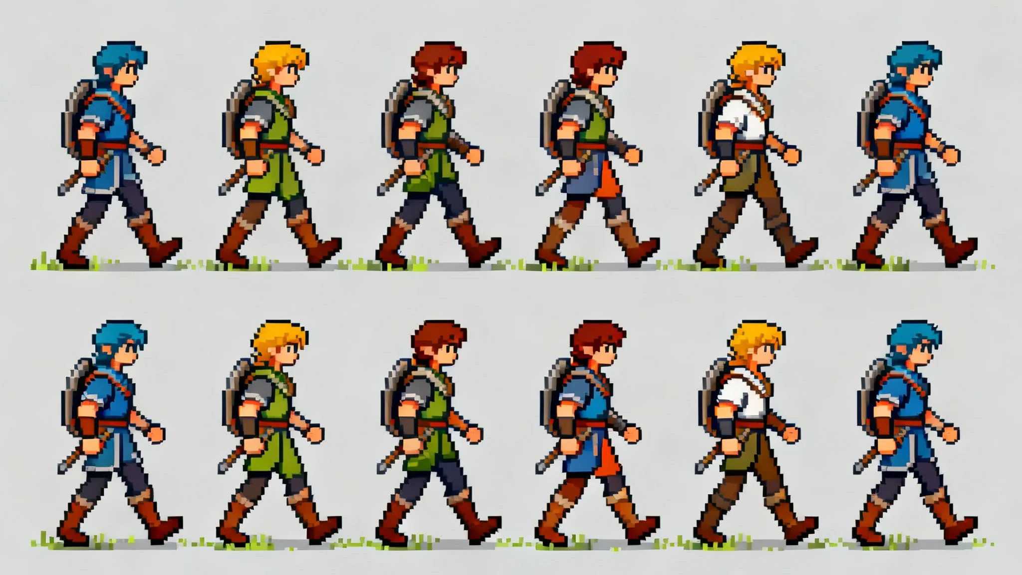 A 16:9 pixel art spritesheet showing an 8-frame walking animation of a fantasy adventurer character on a light gray background.