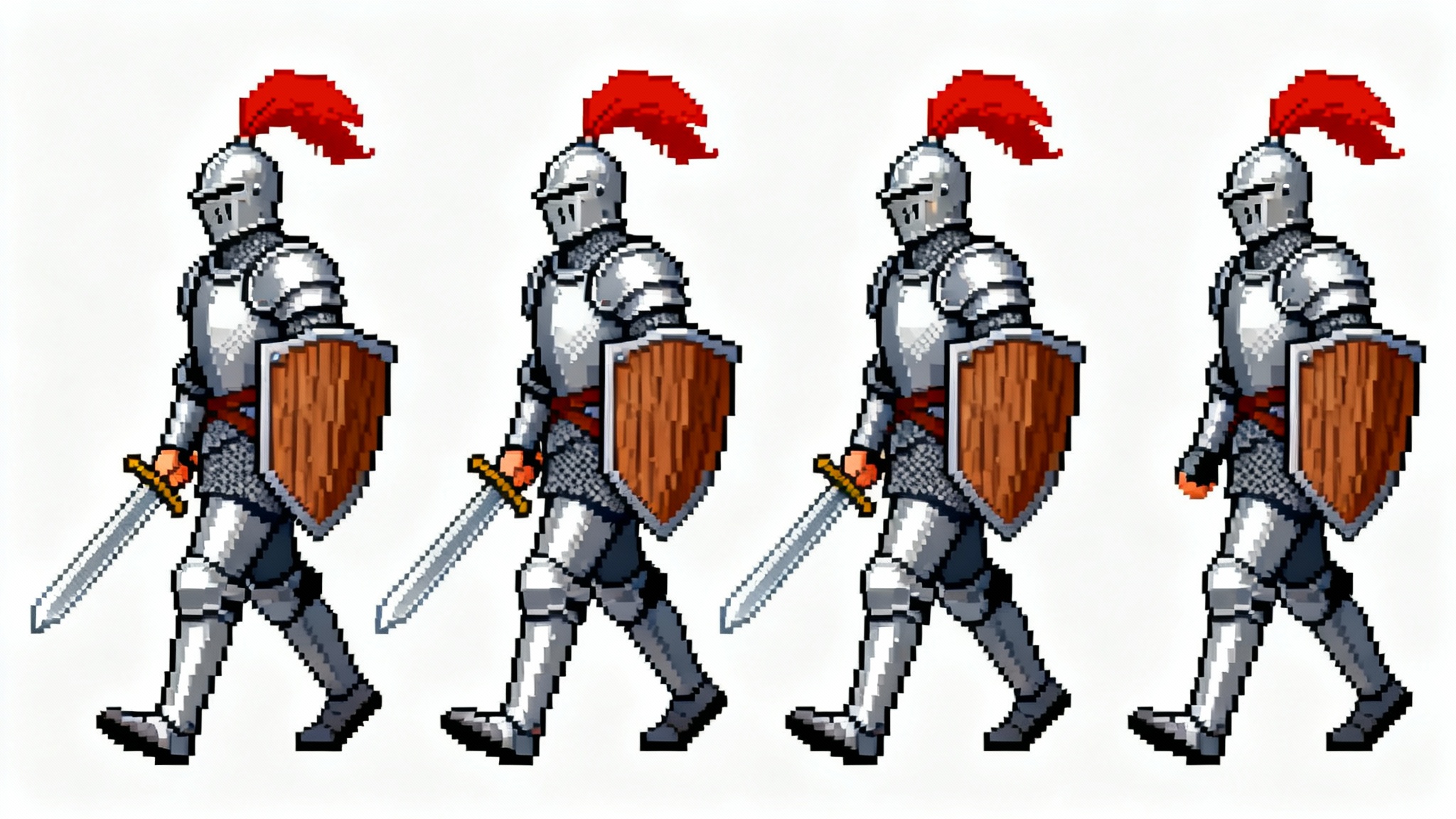 A 16-bit pixel art sprite sheet showing the four-frame walking animation of a knight in silver armor against a white background.
