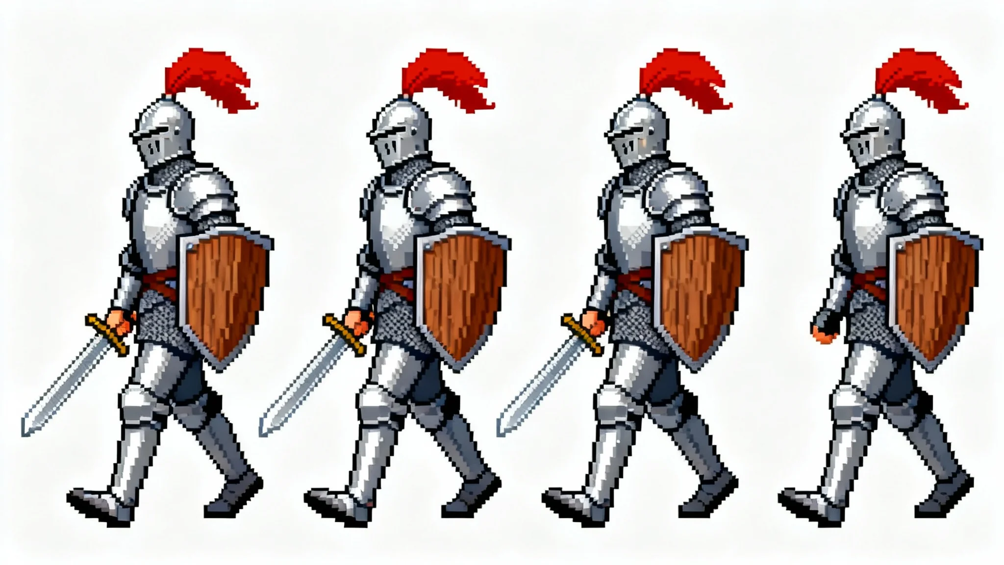 A 16-bit pixel art sprite sheet showing the four-frame walking animation of a knight in silver armor against a white background.