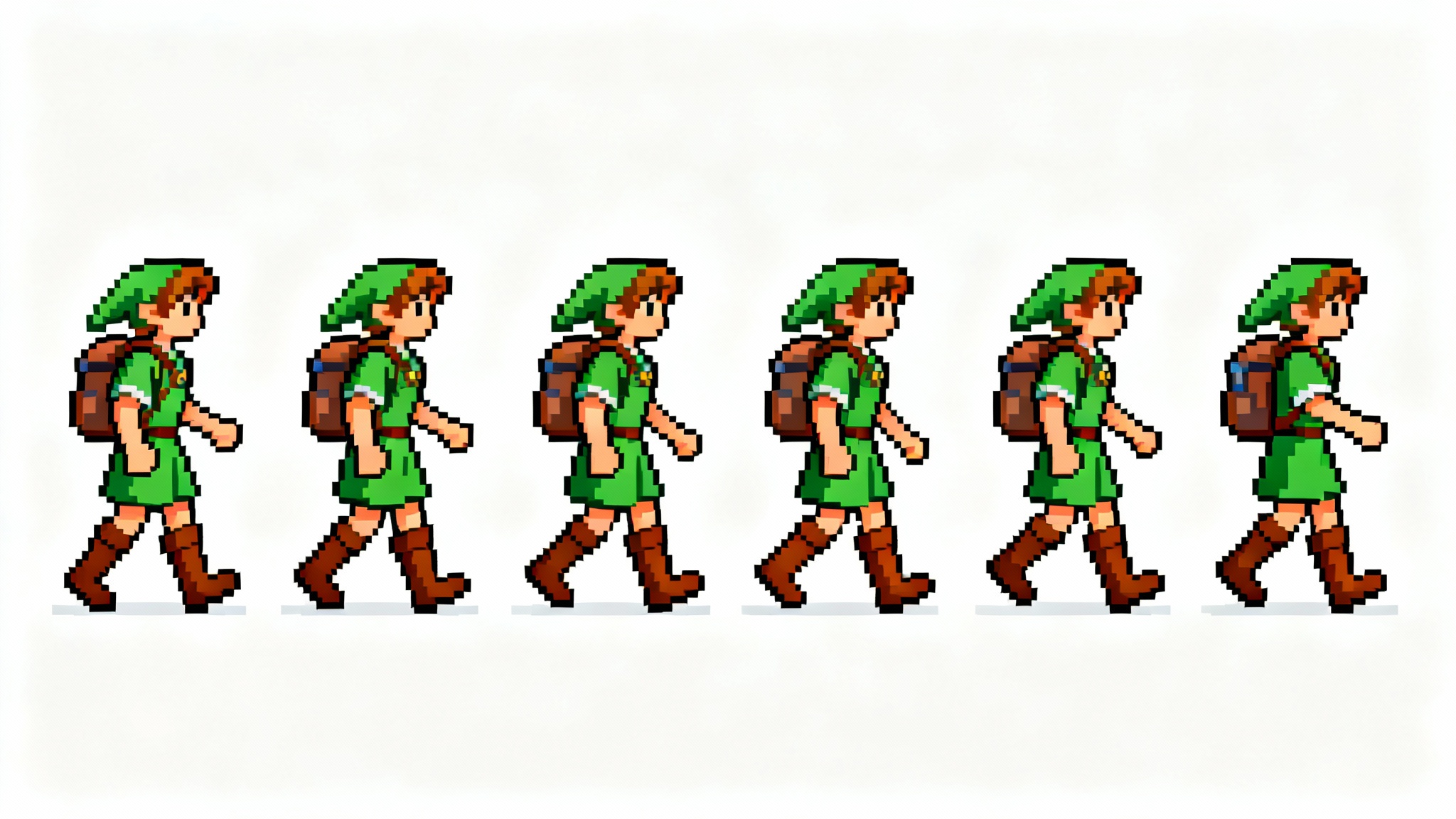A 16-bit pixel art sprite sheet of a walking animation. An adventurer character is shown in an 8-frame sequence on a plain white background, illustrating a walking cycle.