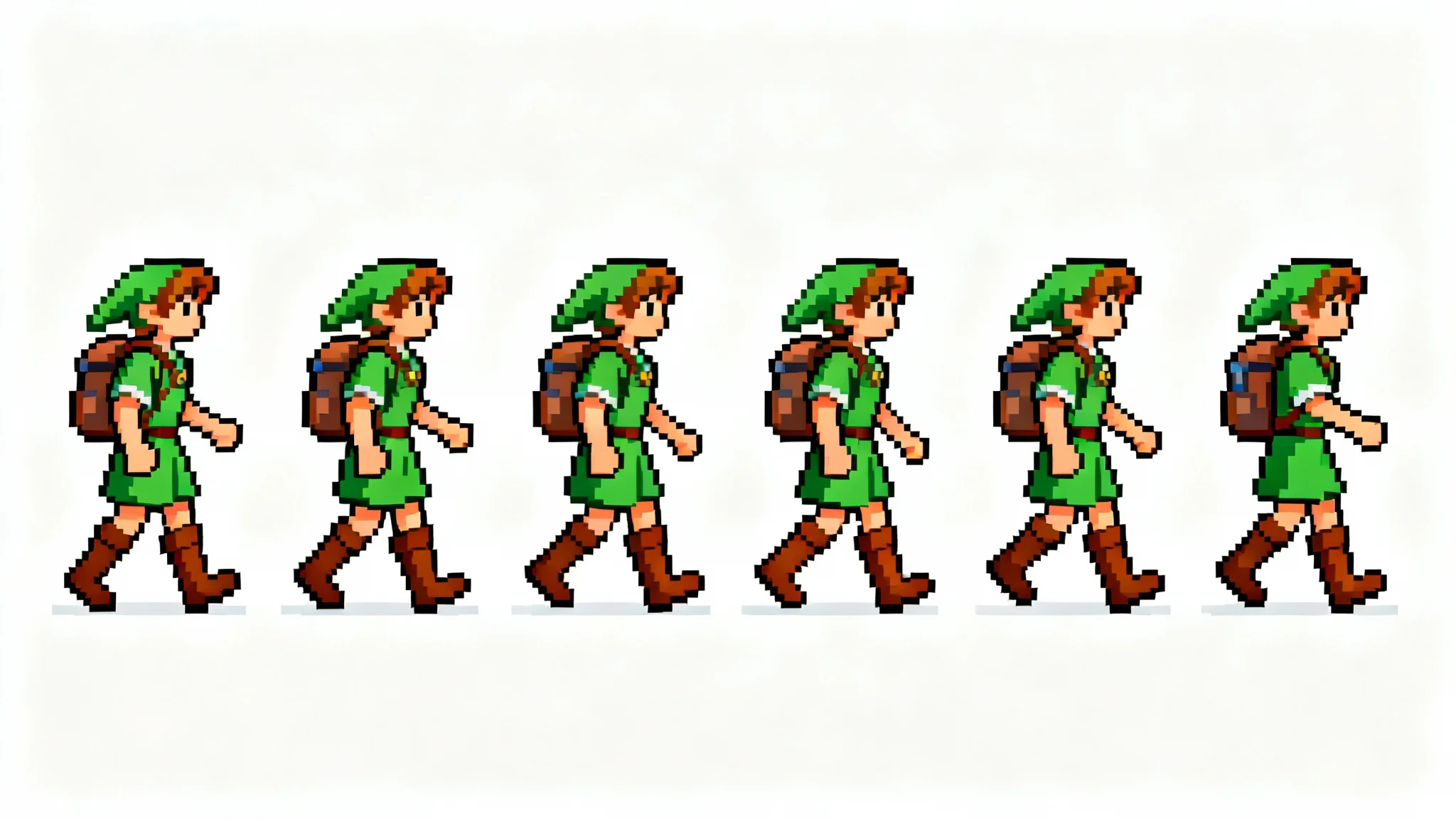A 16-bit pixel art sprite sheet of a walking animation. An adventurer character is shown in an 8-frame sequence on a plain white background, illustrating a walking cycle.