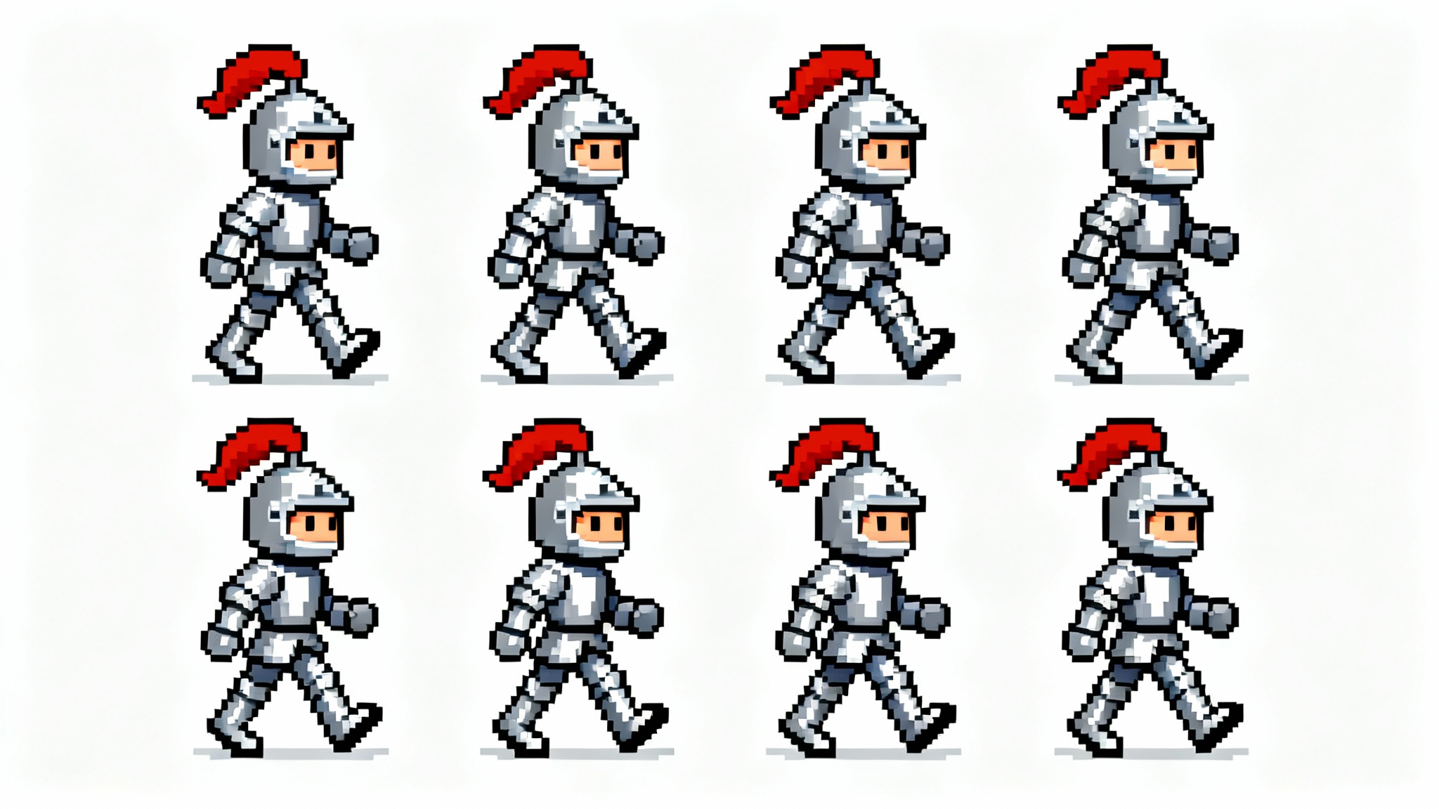A 16-bit pixel art sprite sheet showing eight frames of a small knight's walking animation, set against a plain white background.