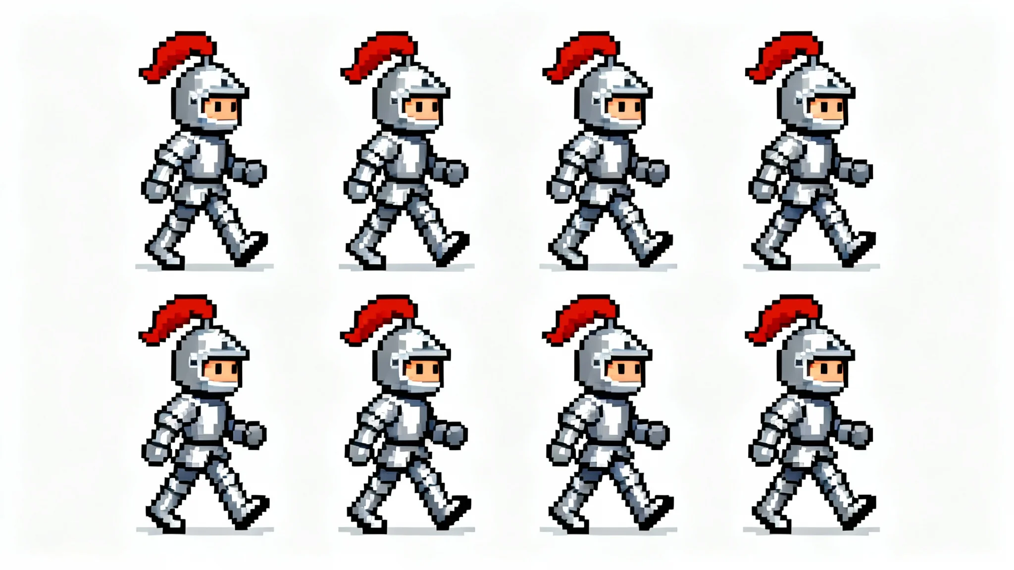 A 16-bit pixel art sprite sheet showing eight frames of a small knight's walking animation, set against a plain white background.