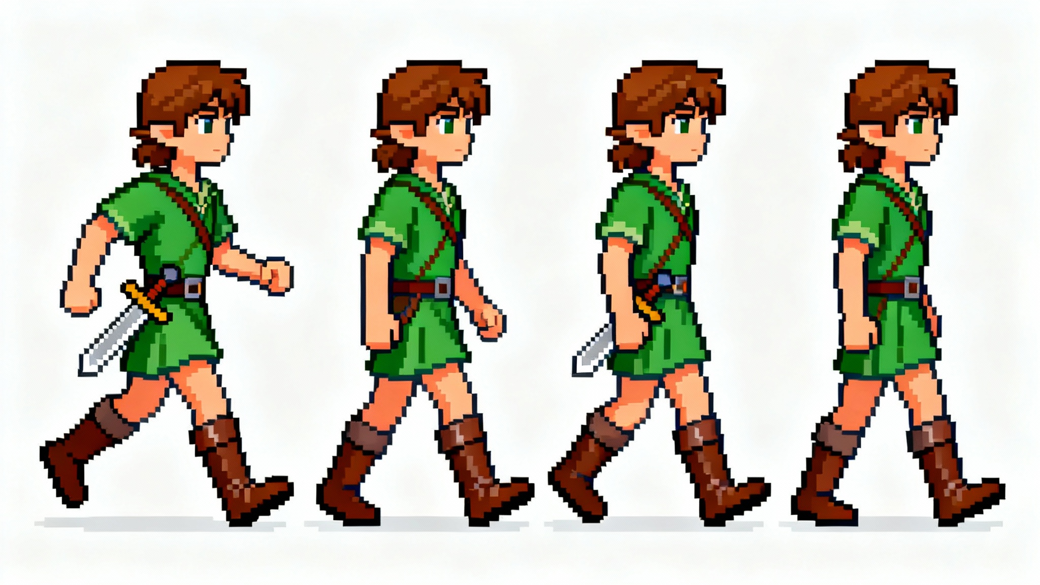 A pixel art sprite sheet showing four frames of a walking animation for a fantasy adventurer character, isolated on a white background.