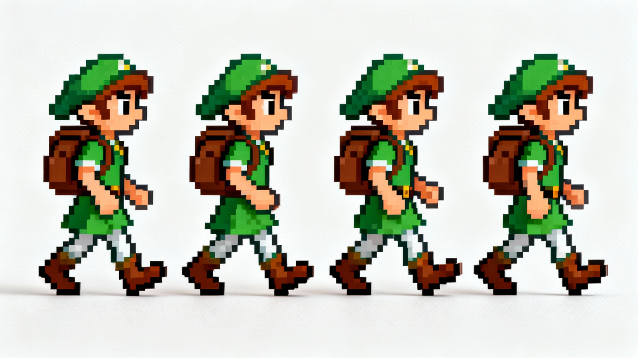 A 16-bit pixel art sprite sheet showing a four-frame walking animation of a video game adventurer against a plain white background.