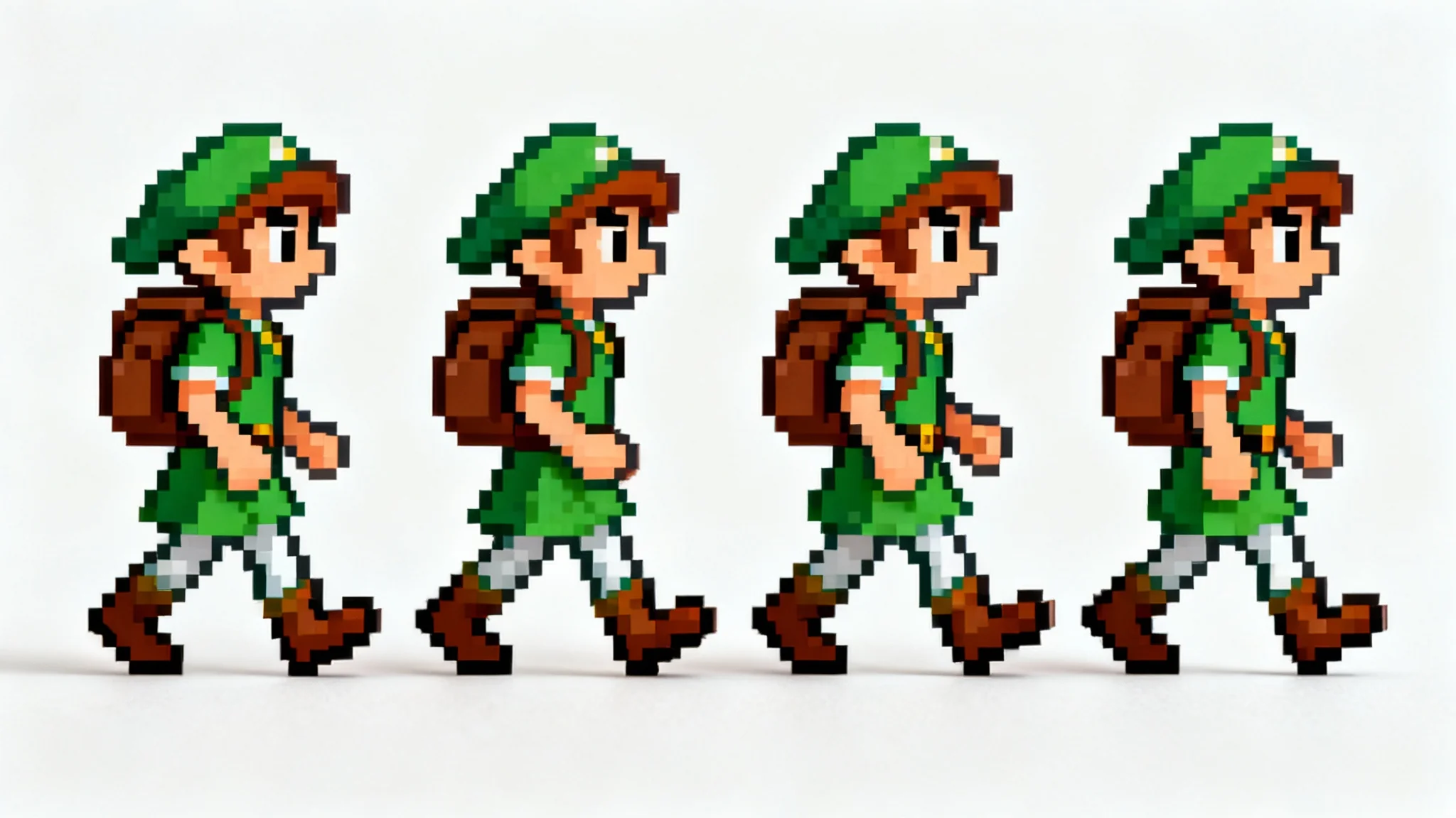 A 16-bit pixel art sprite sheet showing a four-frame walking animation of a video game adventurer against a plain white background.