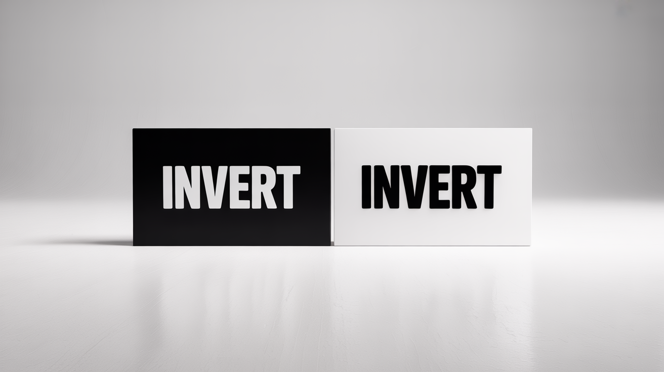 A graphic design mockup demonstrating inverted text. On the left is a black rectangle with the word 'INVERT' in white. On the right is a white rectangle with the word 'INVERT' in black.