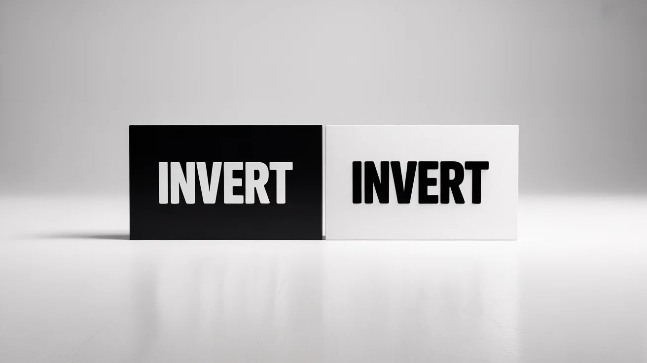 A graphic design mockup demonstrating inverted text. On the left is a black rectangle with the word 'INVERT' in white. On the right is a white rectangle with the word 'INVERT' in black.