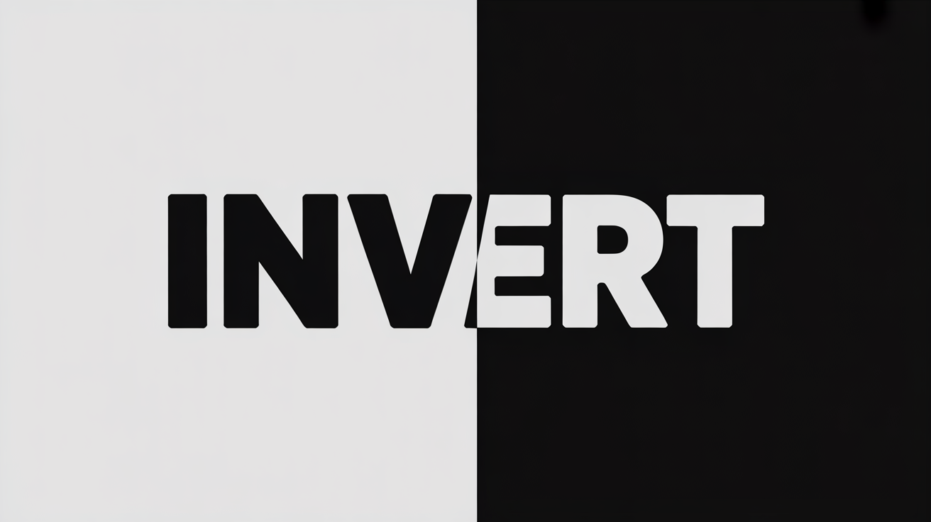 A graphic design concept showing the word 'INVERT' split in half. The left side shows 'IN' in black text on a white background, and the right side shows 'VERT' in white text on a black background, illustrating the concept of inverted text.