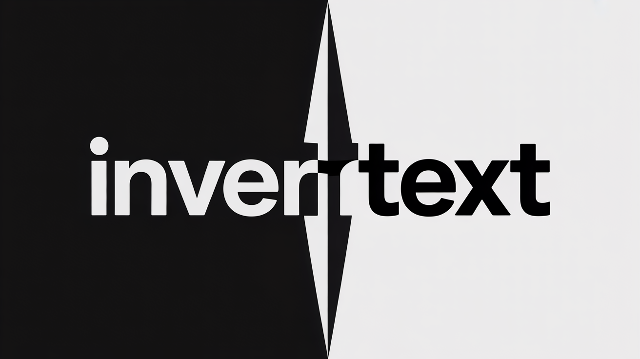 A graphic design mockup demonstrating the inverted text effect. The left side has a black background with the word 'INVERTED' in white. The right side has a white background with the word 'TEXT' in black.