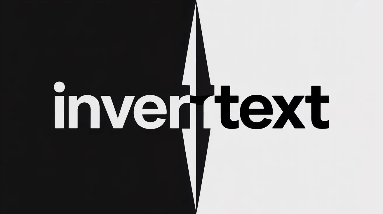 A graphic design mockup demonstrating the inverted text effect. The left side has a black background with the word 'INVERTED' in white. The right side has a white background with the word 'TEXT' in black.