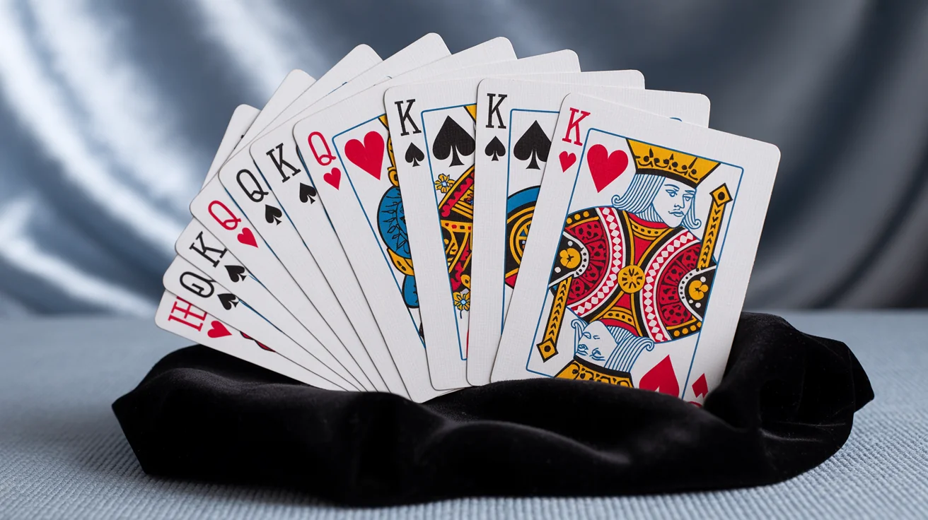 A dynamic arrangement of custom-designed playing cards with intricate fantasy illustrations and gold foil details, fanned out on a clean, light gray background.