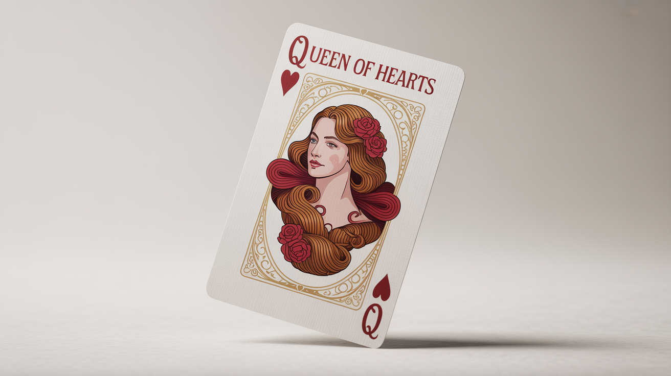 A close-up shot of a custom-designed Queen of Hearts playing card with an elegant Art Nouveau illustration, standing on a clean white background.