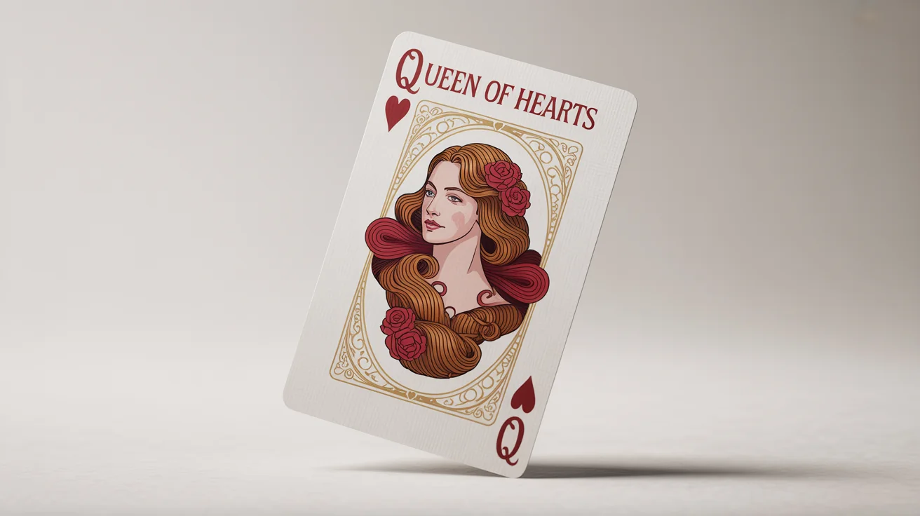 A close-up shot of a custom-designed Queen of Hearts playing card with an elegant Art Nouveau illustration, standing on a clean white background.