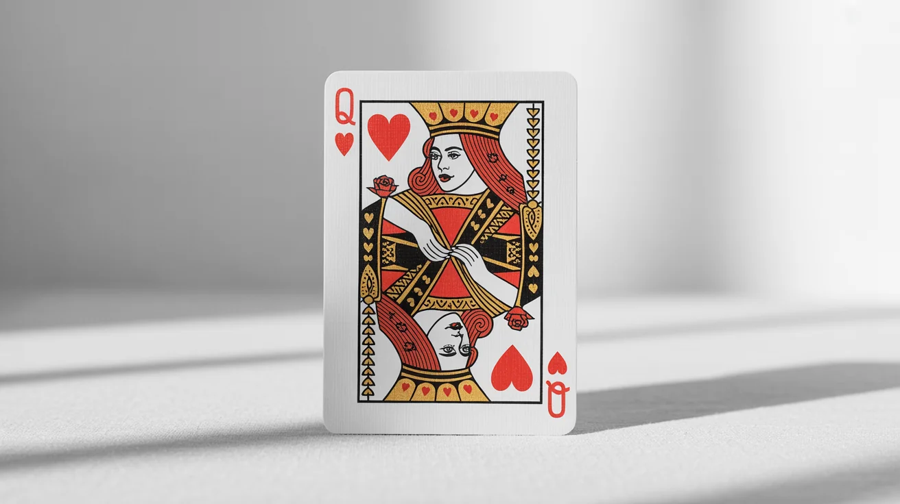An ornate Queen of Hearts playing card with a detailed illustration of a queen, displayed as a product mockup on a clean white background.