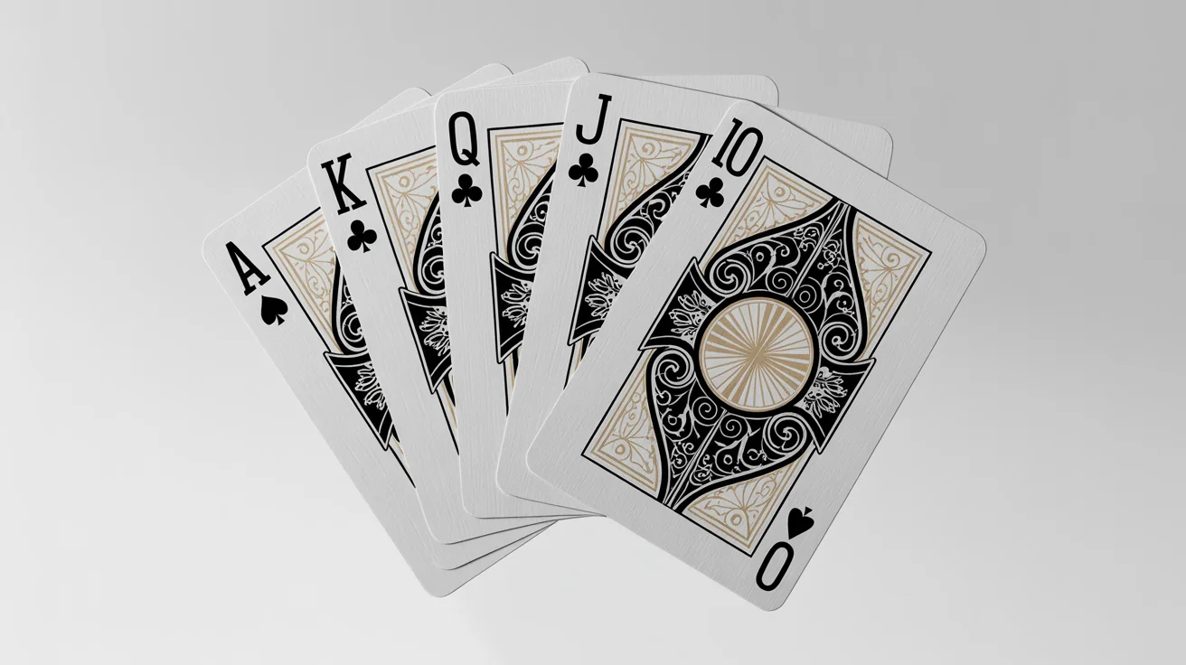 A photorealistic mockup of a fanned-out hand of five custom playing cards, showing a royal flush of spades with an elegant black and gold design, set against a plain white background.
