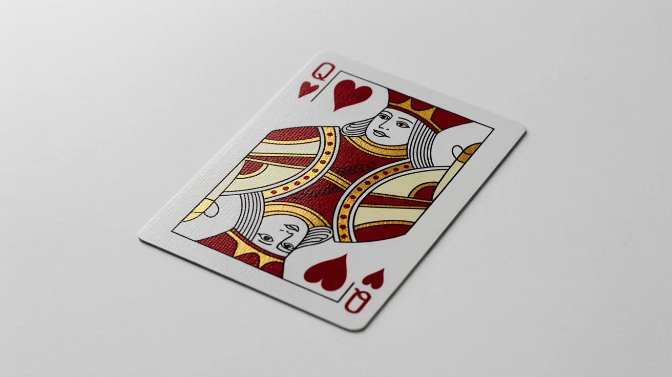 A close-up of a custom-designed Queen of Hearts playing card with a modern, elegant illustration and gold foil details, shown as a mockup on a plain white background.
