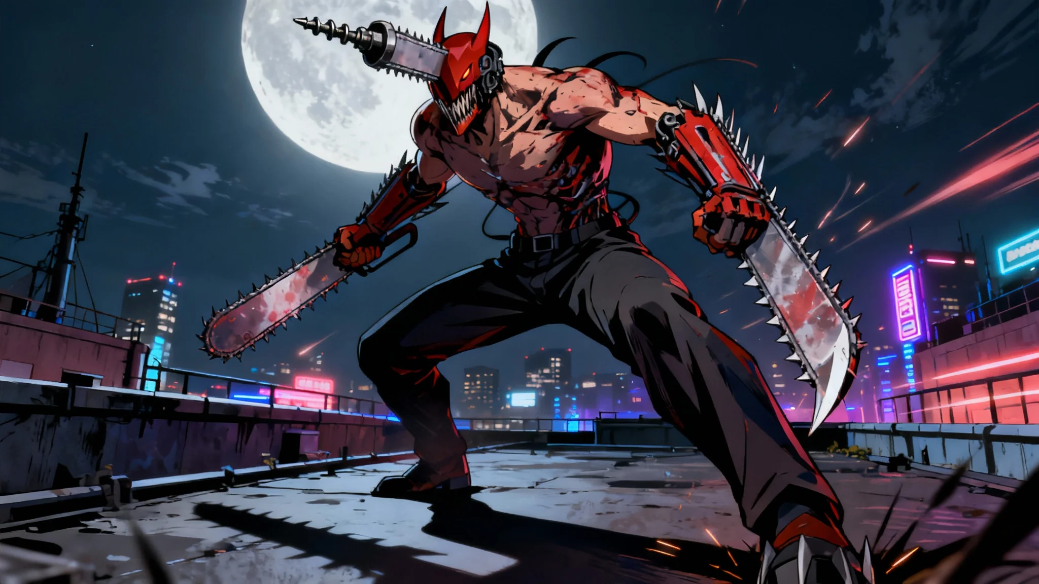 An original character designed in the gritty, dark anime style of Chainsaw Man, shown in a dynamic action pose on a city rooftop at night.