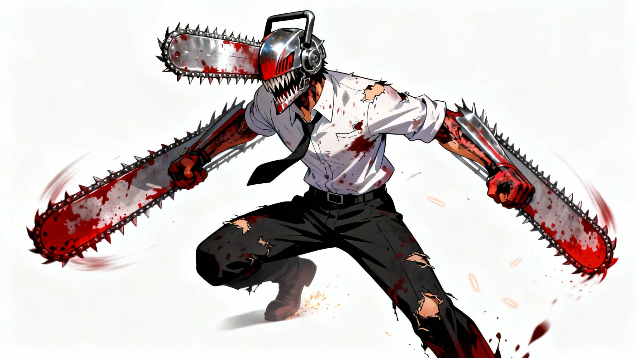 A dynamic anime-style illustration of the Chainsaw Man character in his hybrid form, lunging forward with blood-splattered chainsaws against a clean white background.