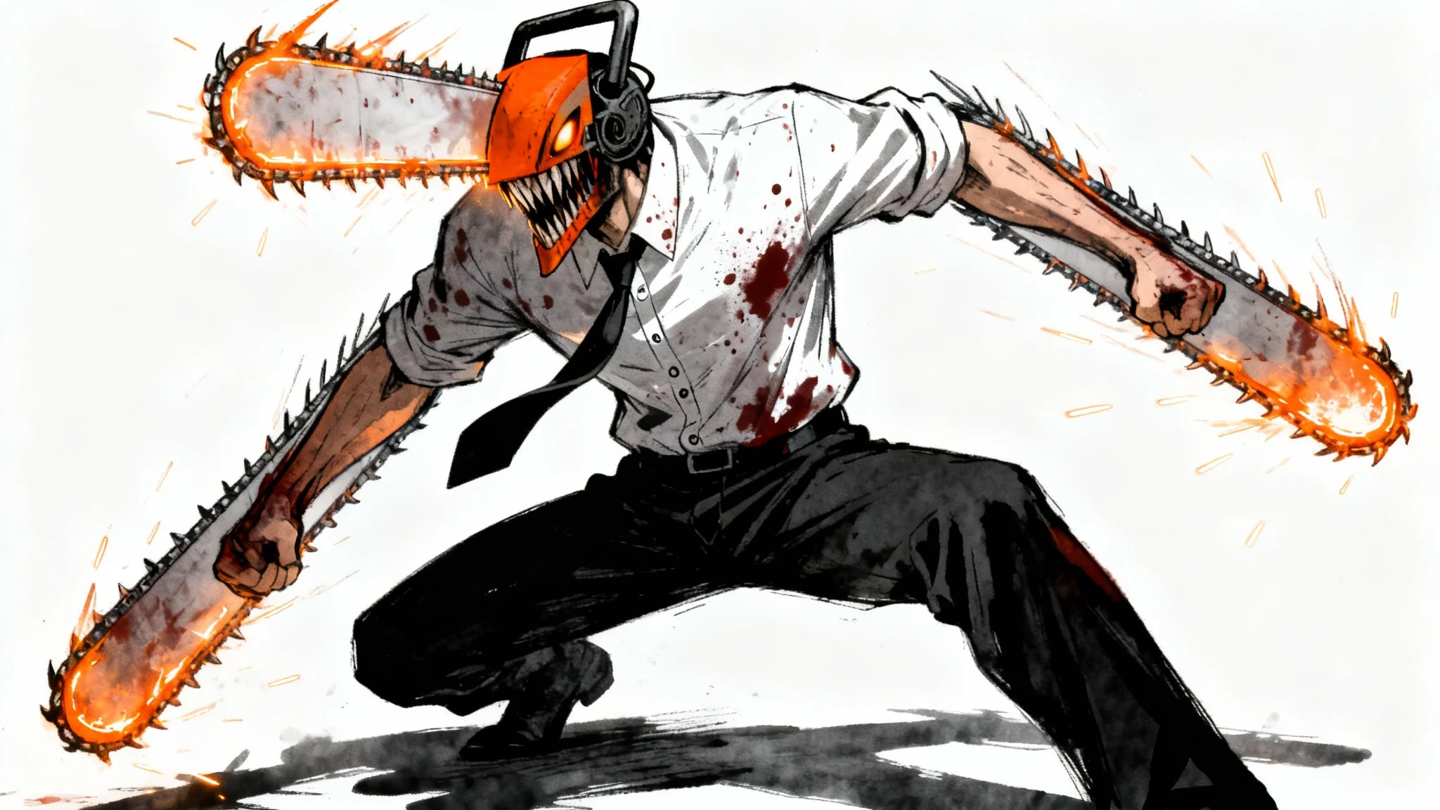 A full-body concept art illustration of a character inspired by Chainsaw Man, featuring chainsaws on their head and arms, posed dynamically against a stark white background.