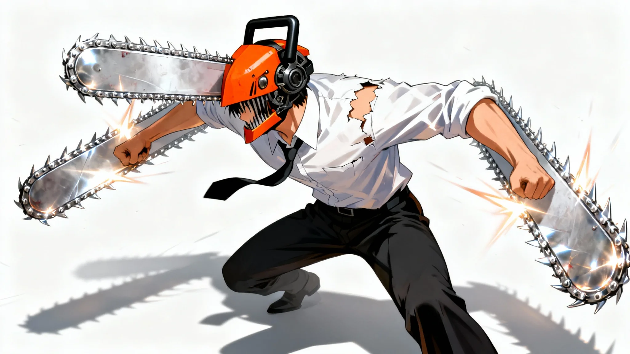 A dynamic anime-style illustration of a character inspired by Chainsaw Man, with a chainsaw for a head and arms, lunging forward aggressively against a plain white background.