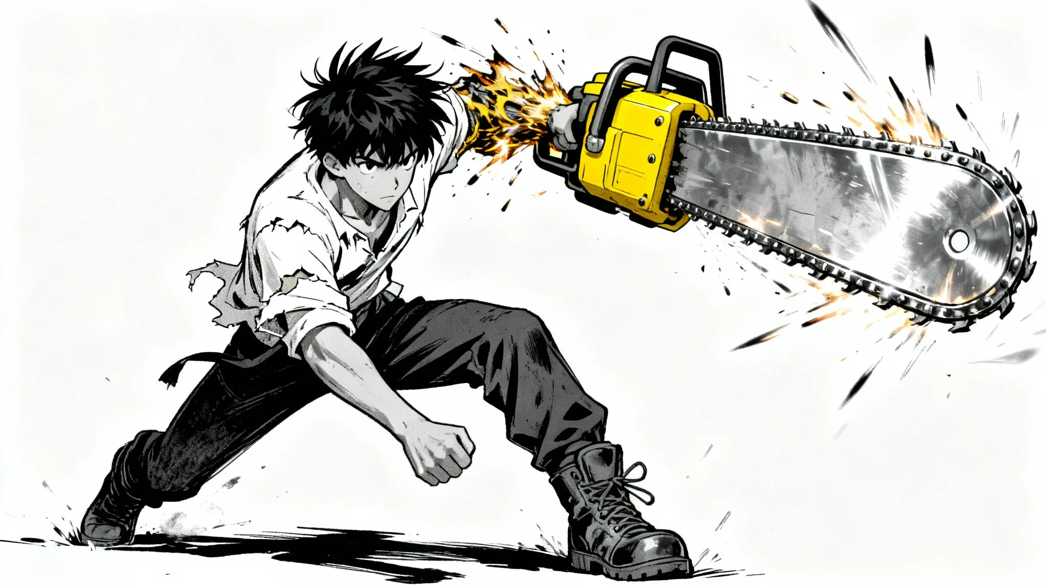 An anime-style illustration of a male character inspired by Chainsaw Man, with one arm transformed into a chainsaw, posed dynamically against a white background.