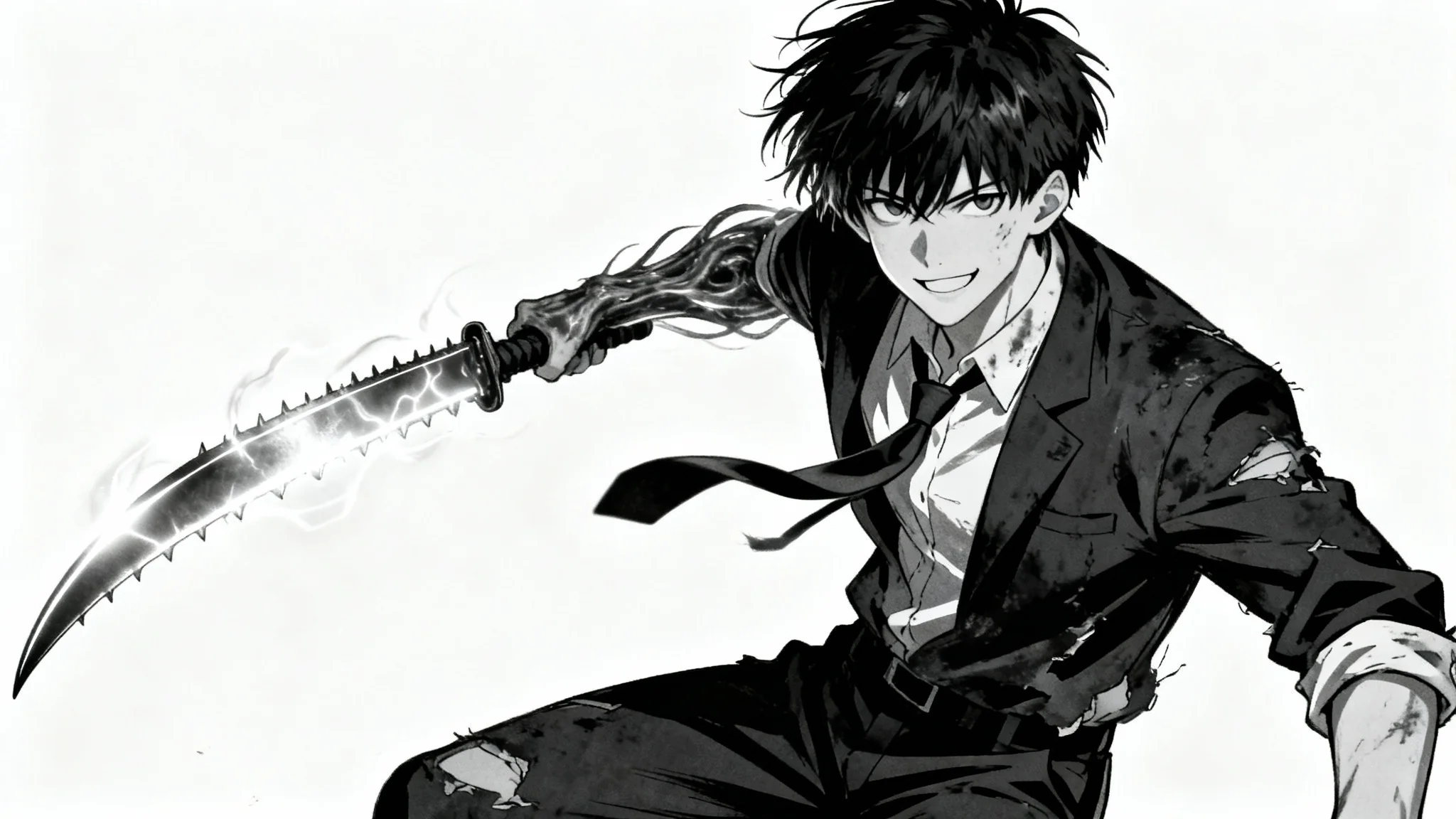 A character illustration in the gritty anime style of Chainsaw Man, featuring a man in a tattered suit with a glowing scythe for an arm, set against a plain white background.