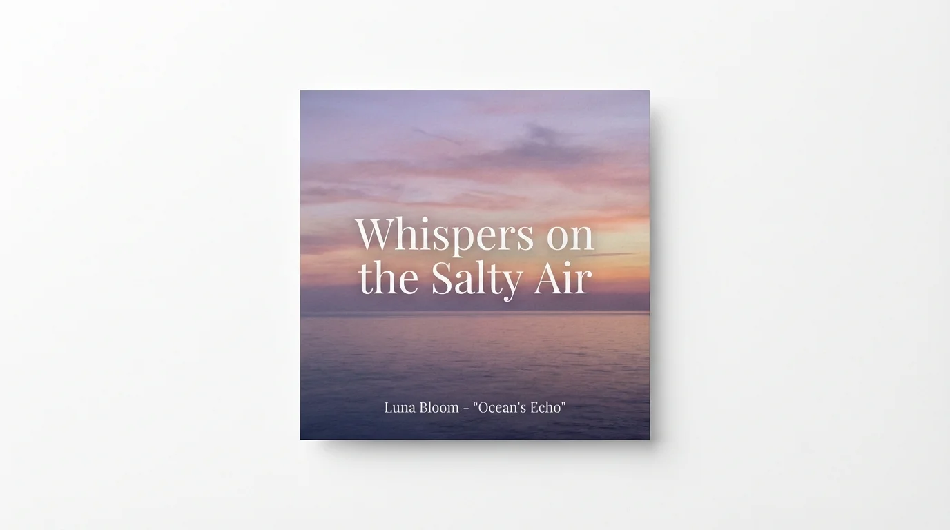 A mockup of a square lyrics graphic on a white background. The graphic shows a twilight ocean scene with the text "Whispers on the Salty Air" and "Luna Bloom - 'Ocean's Echo'" in elegant white fonts.