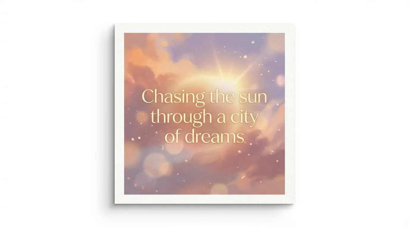 A modern lyrics graphic featuring the text 'Chasing the sun through a city of dreams' set against a dreamy, abstract background of pastel orange and purple with a glowing sun effect.