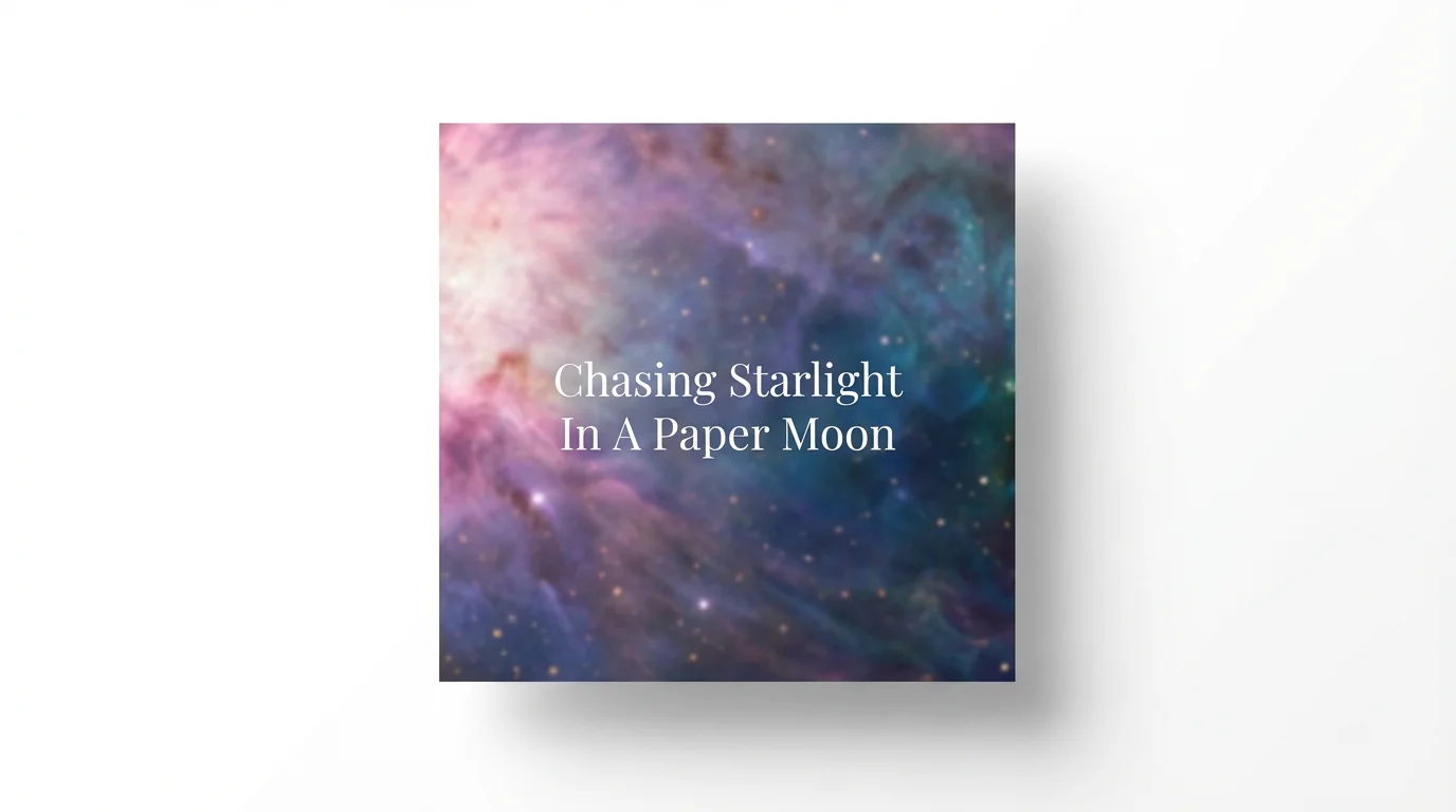 A mockup of a lyrics graphic showing the words 'Chasing Starlight In A Paper Moon' in a white serif font over a dreamy image of a pink and purple nebula, set against a plain white background.
