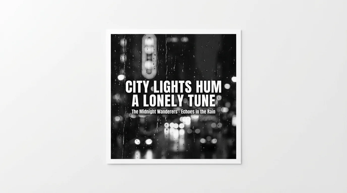A photorealistic mockup of a square lyrics graphic on a white background. The graphic has a black and white photo of a rainy city street at night with the text 'City lights hum a lonely tune' in the center.