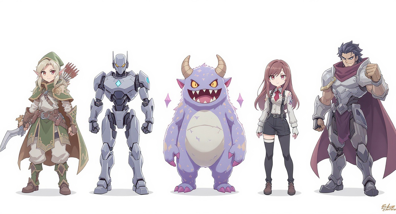 A lineup of five distinct 2D characters in various styles, including a fantasy elf, a sci-fi cyborg, a cute chibi creature, a modern professional woman, and an anime hero, showcased against a white background.