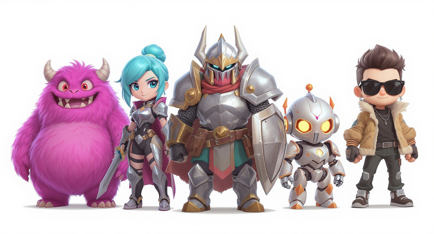 A colorful lineup of five diverse 2D characters, including a purple monster, a sci-fi adventurer, a knight, and a robot, showcasing custom character design possibilities.