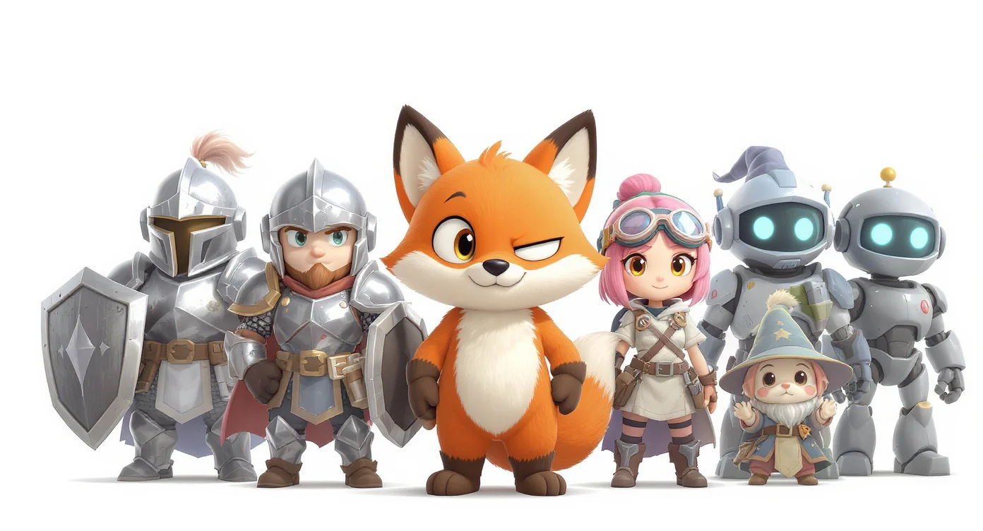 A colorful lineup of five distinct 2D characters in a modern vector style, showcasing a variety of genres from fantasy and sci-fi to cute mascots, displayed against a clean white background.