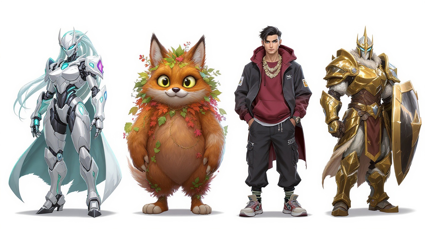 A diverse lineup of four professionally designed 2D characters, including a cyborg, a fantasy creature, a modern character, and a warrior, showcased against a white background.